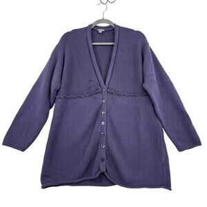 J. Jill Cardigan Sweater Size L Purple Cotton Ruffle Detail Button Up Rolled Hem